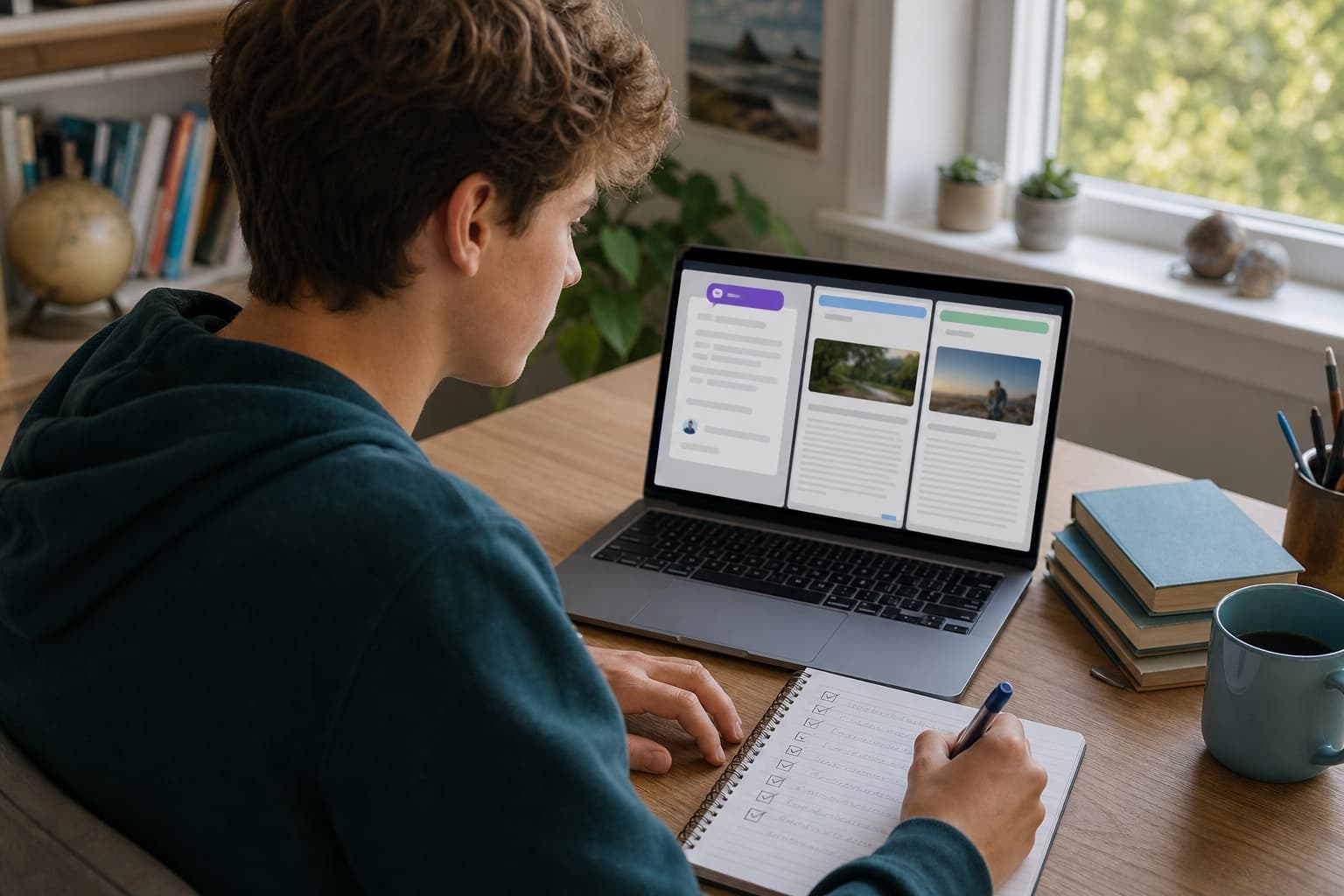 A student checking sources while working with AI on a laptop