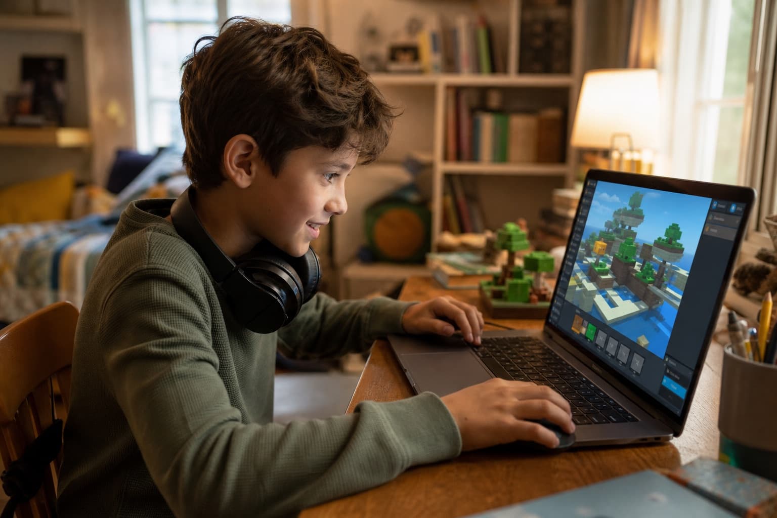 A student building a game project with Roblox
