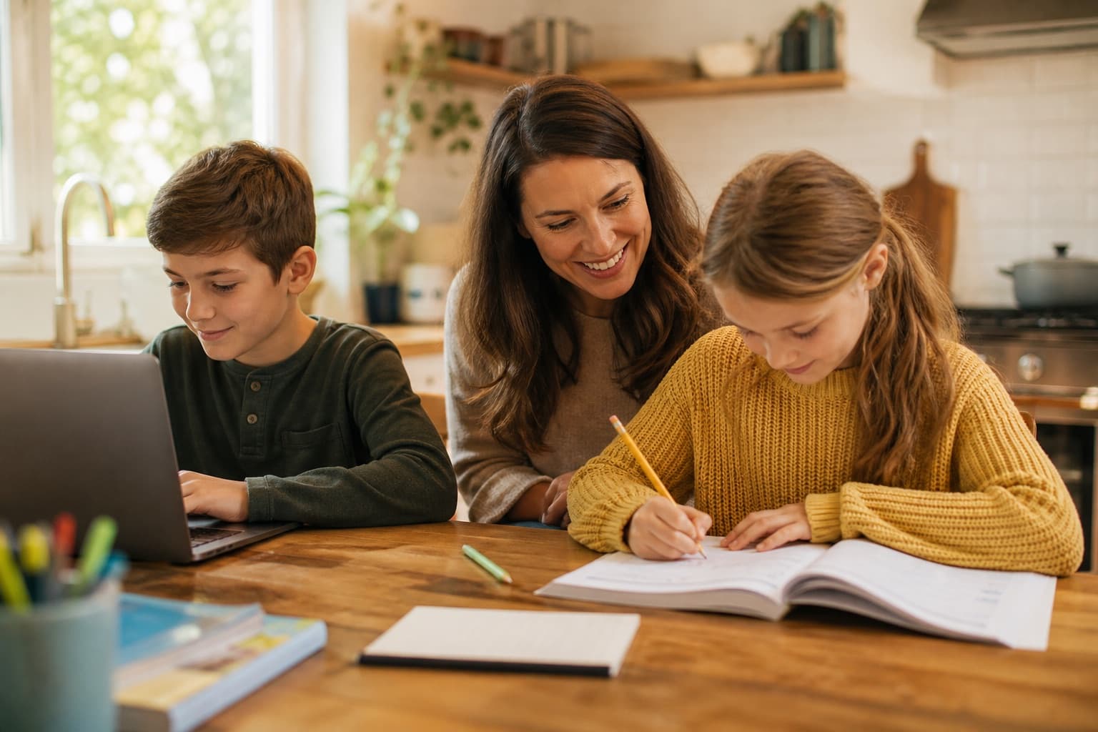 A homeschool family reviewing learning options together